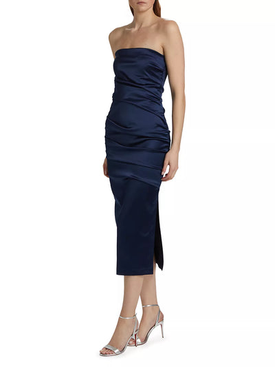 Keiky Satin Ruched Cocktail Dress in Blu Notte