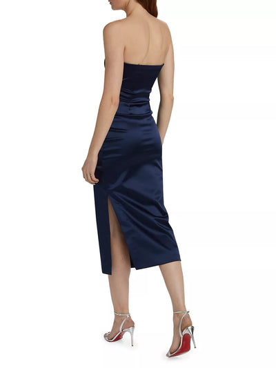 Keiky Satin Ruched Cocktail Dress in Blu Notte