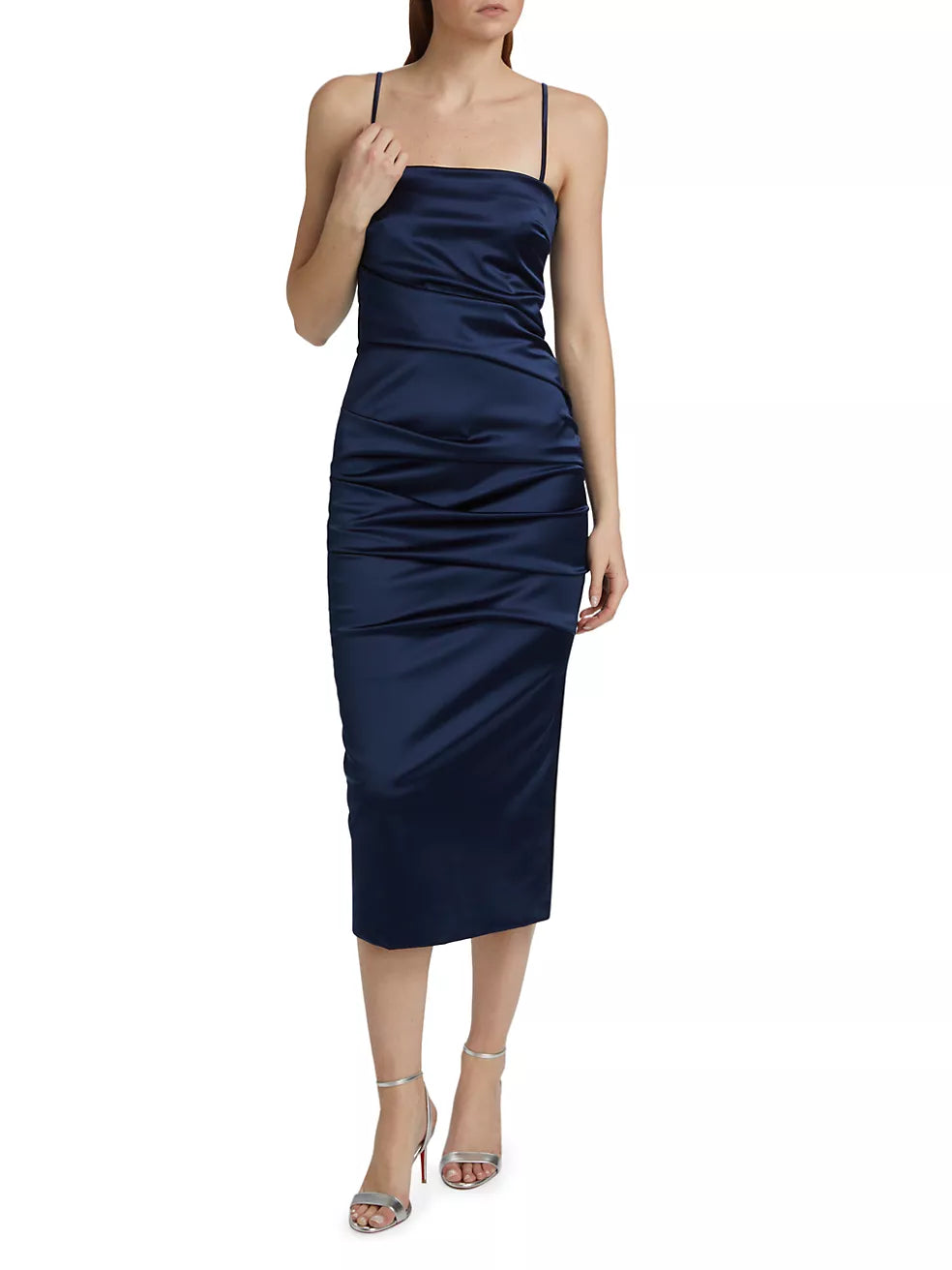 Keiky Satin Ruched Cocktail Dress in Blu Notte