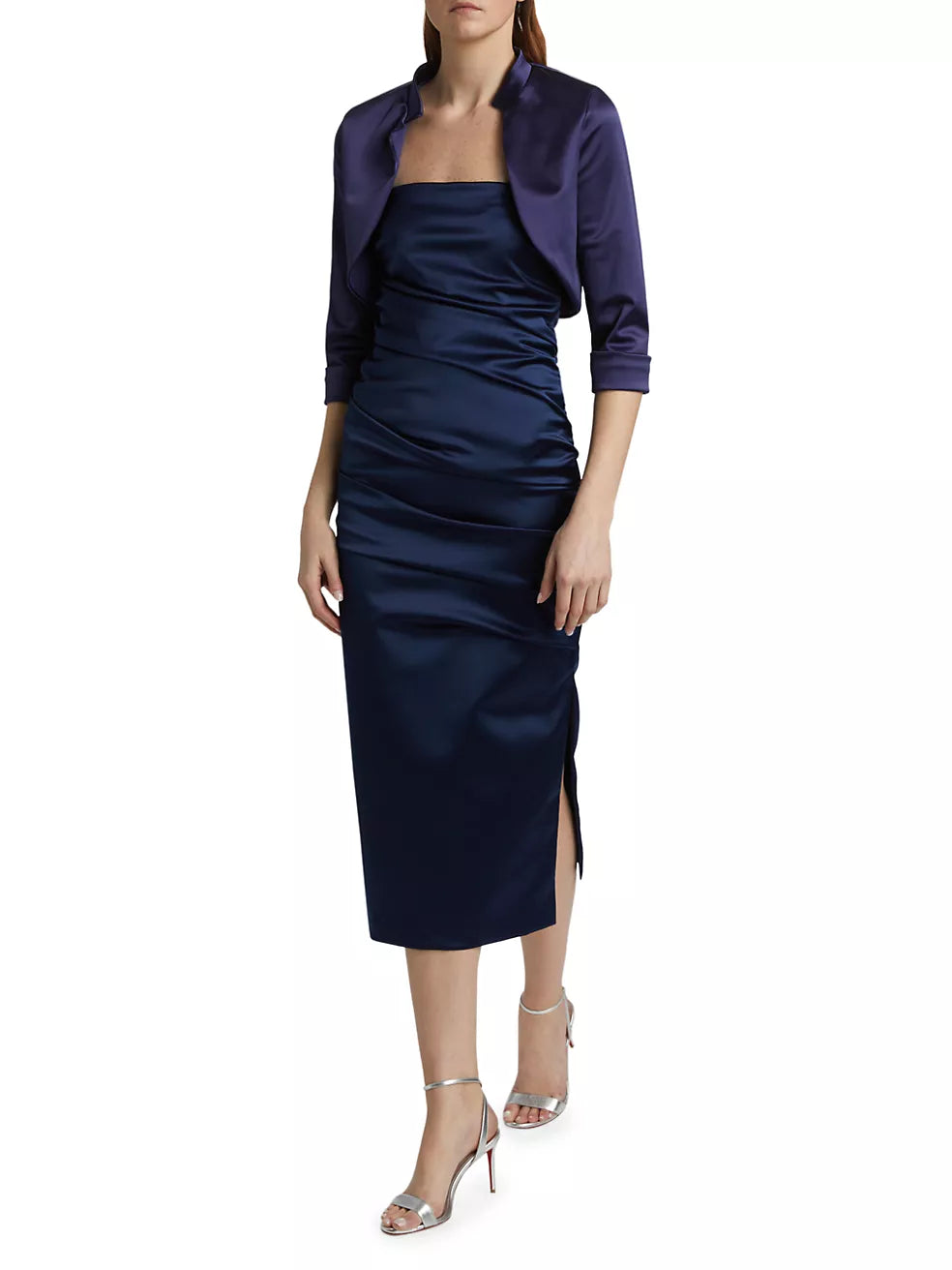 Keiky Satin Ruched Cocktail Dress in Blu Notte