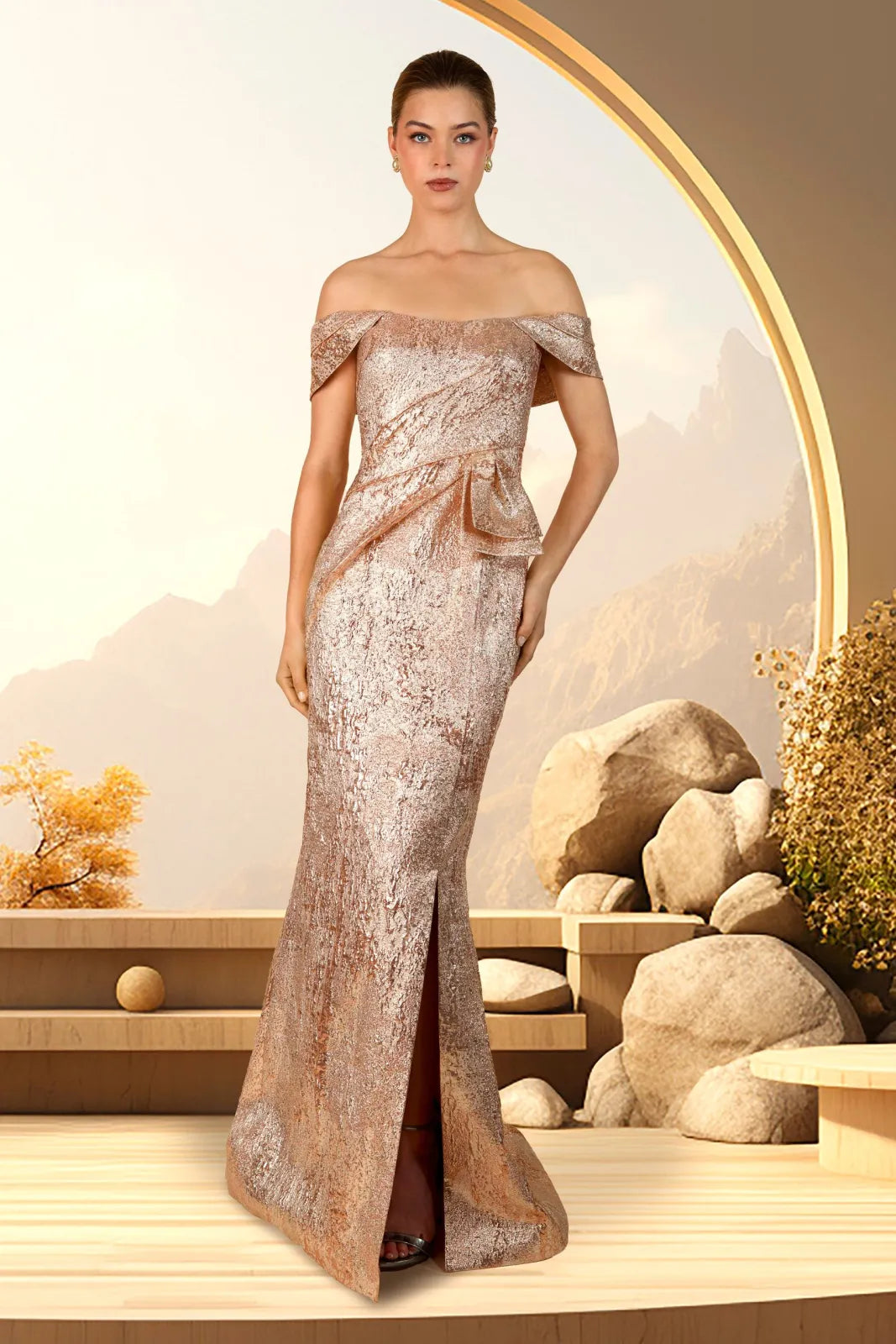 Off-Shoulder Slit Gown in Champagne