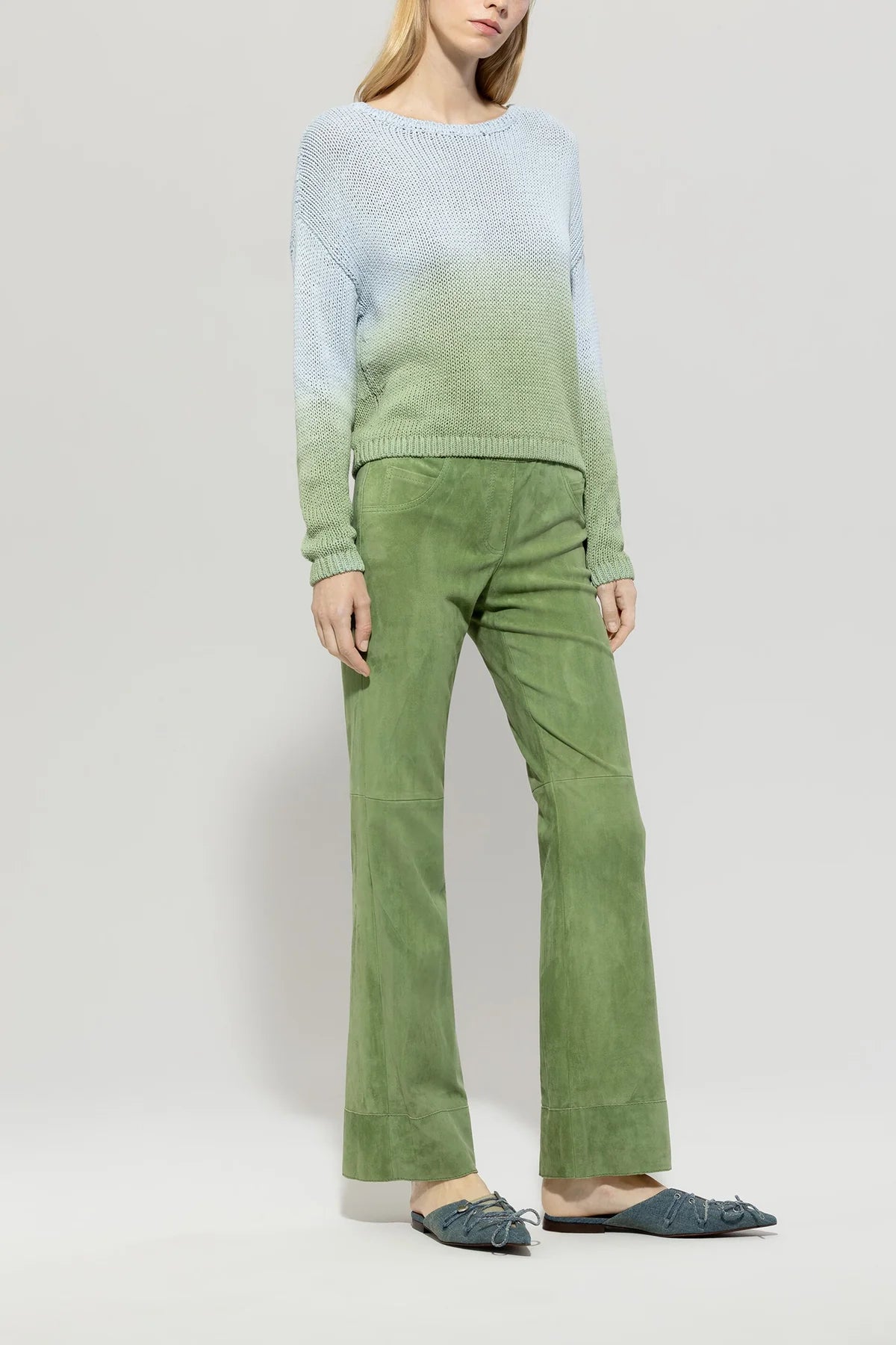 Baby Flare Suede Leather Trousers in Easy Green