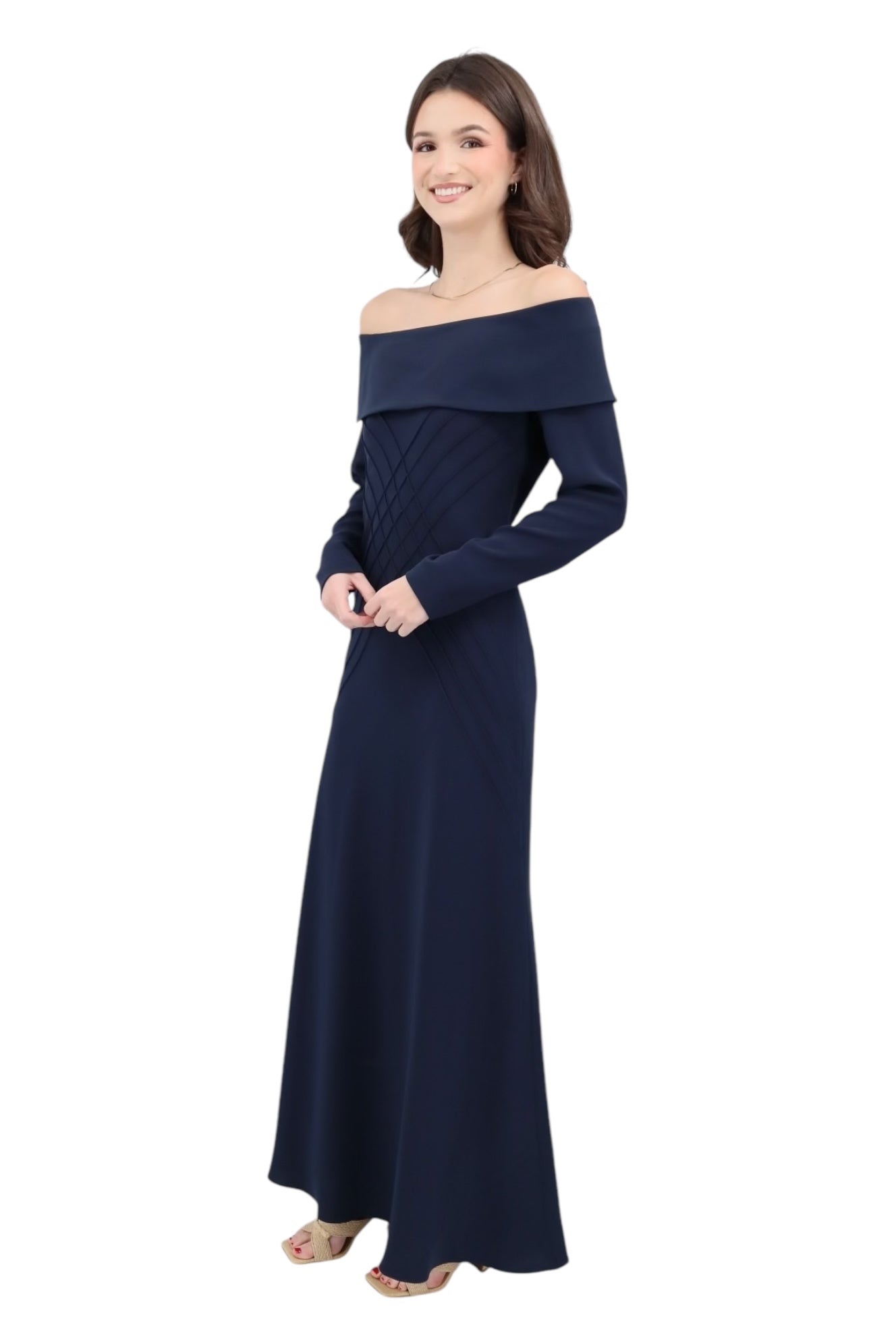 Crossroads Pin-Tuck Cuff Gown in Navy