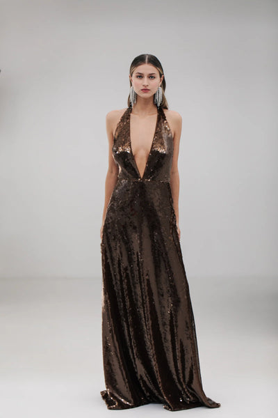 Sequin Halter Gown in Brown