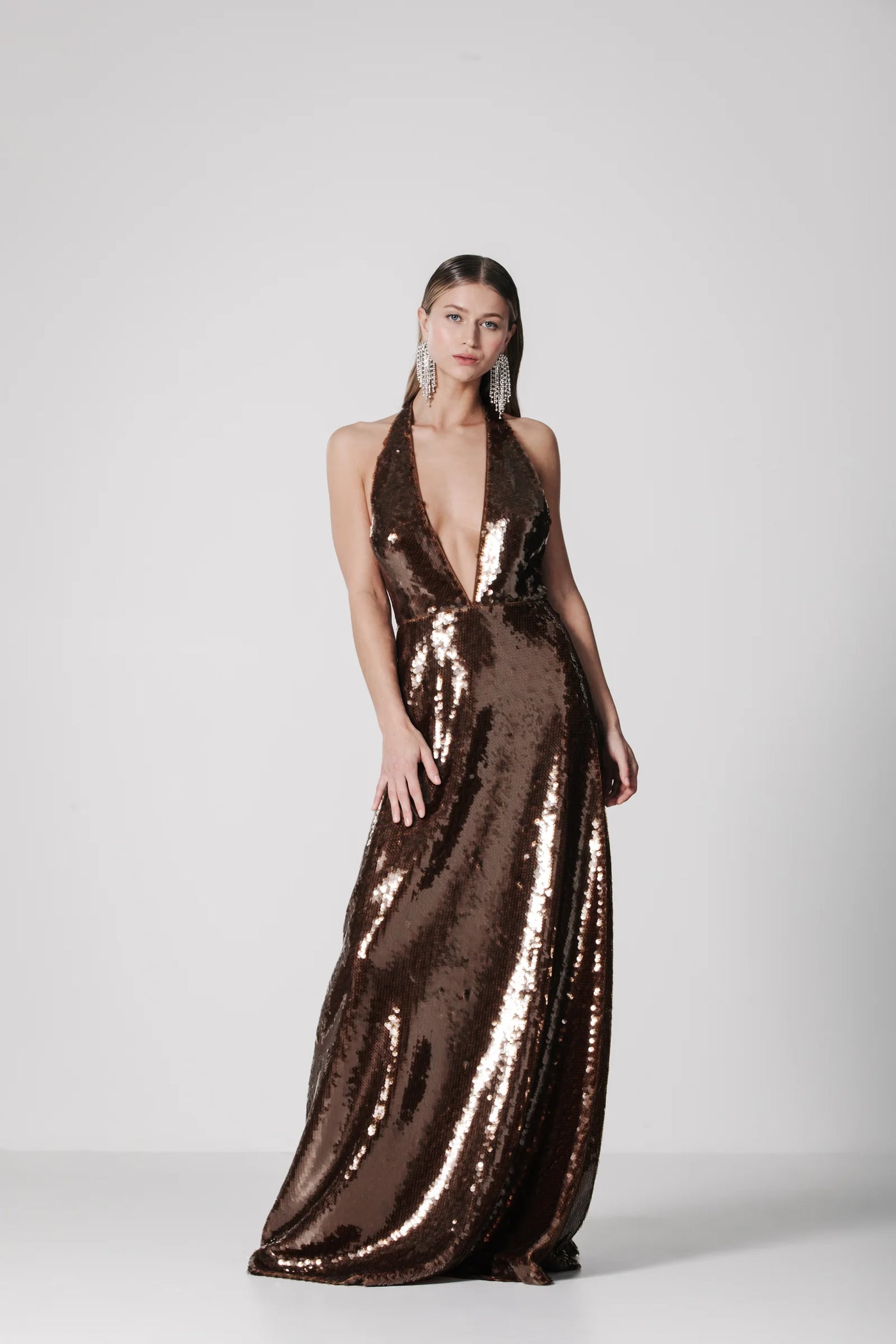 Sequin Halter Gown in Brown