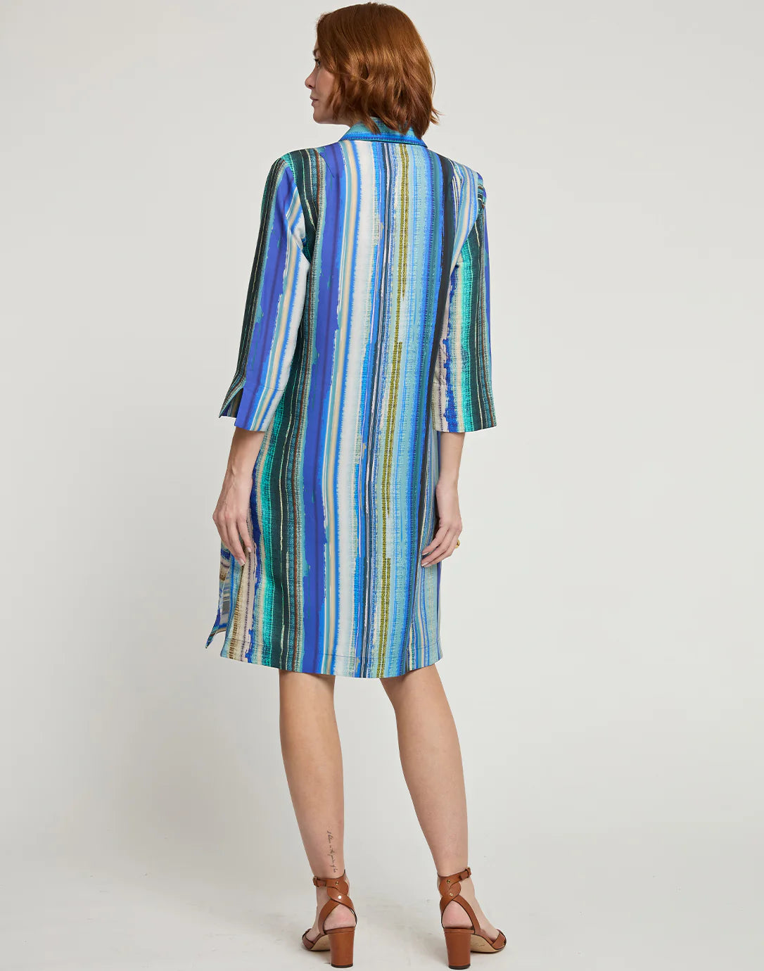 Charlotte 3/4 Sleeve Tencel Textured Stripe Print Dress in Blue Combo