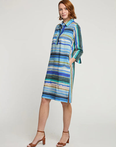 Charlotte 3/4 Sleeve Tencel Textured Stripe Print Dress in Blue Combo