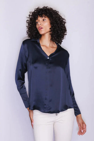 Daria French Cuff Silk Blouse in Midnight Navy