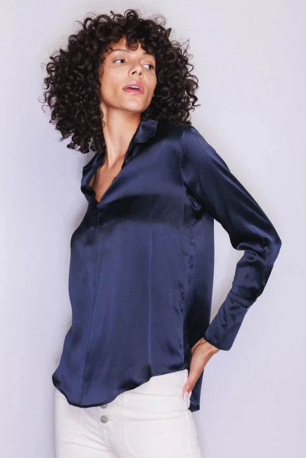 Daria French Cuff Silk Blouse in Midnight Navy