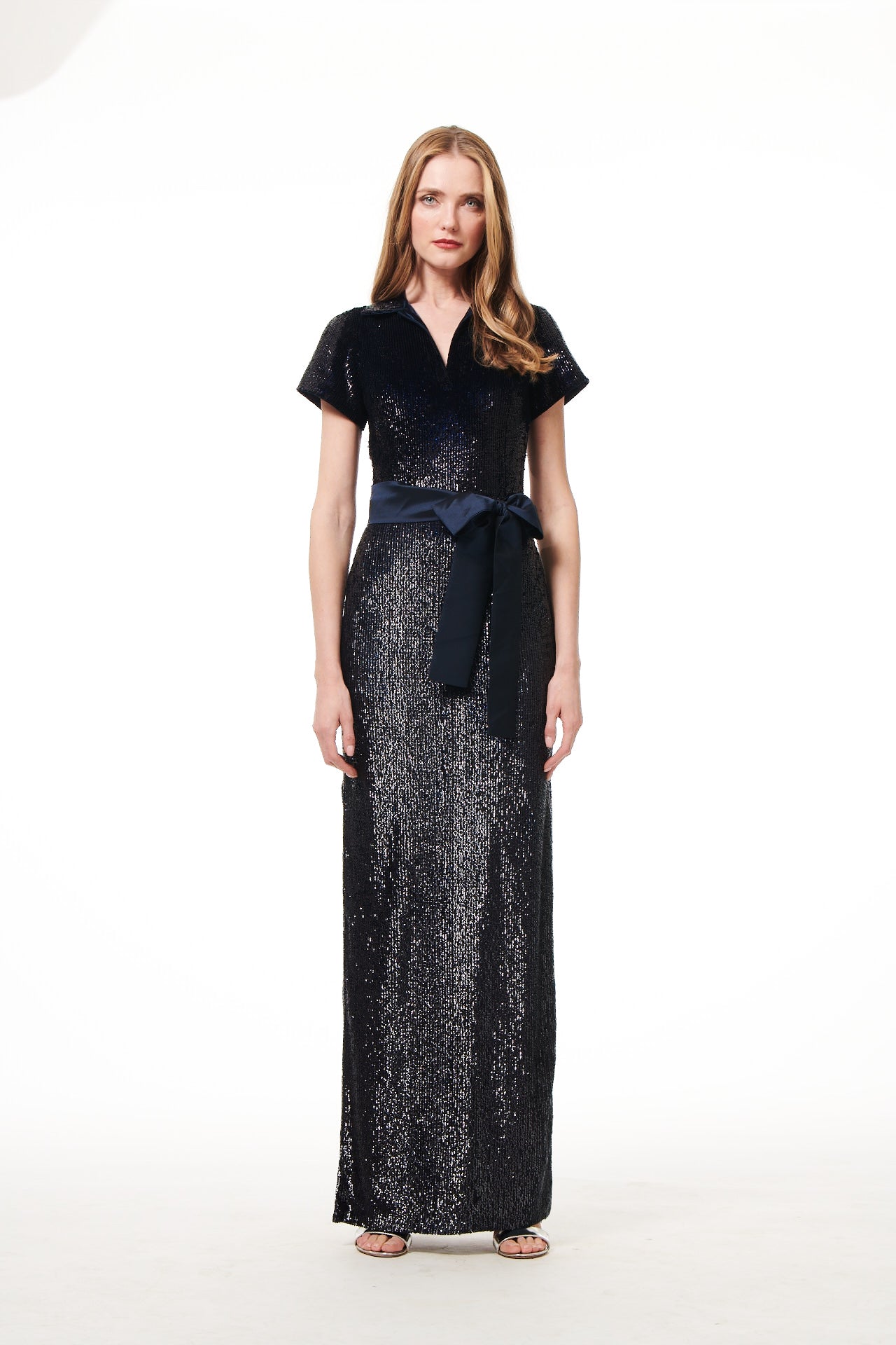 Sequin Polo Gown With Sash in Navy