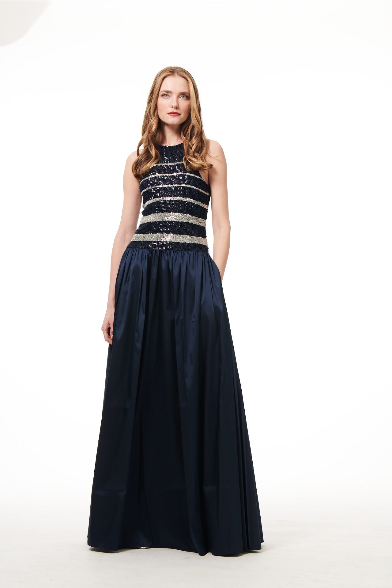 Sequin Striped Drop Waist Gown in Navy