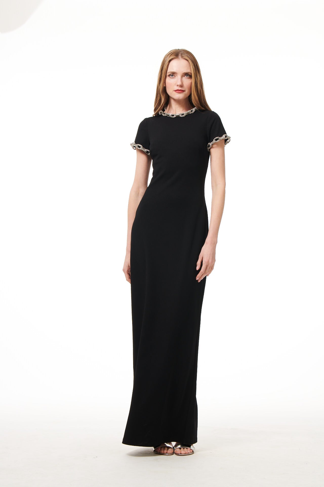 Stretch Crepe Gown With Crystal Chains in Black