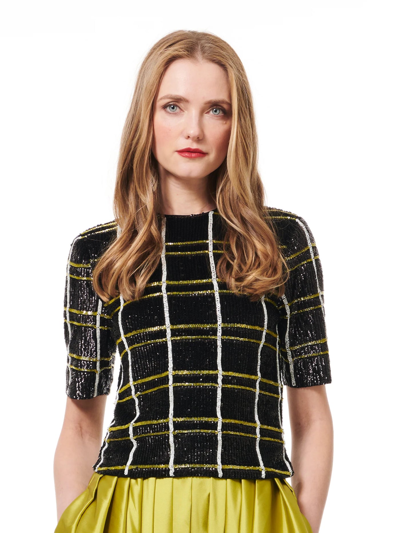 Plaid Beaded Elbow Tee in Black Citrine