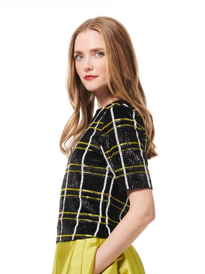 Plaid Beaded Elbow Tee in Black Citrine