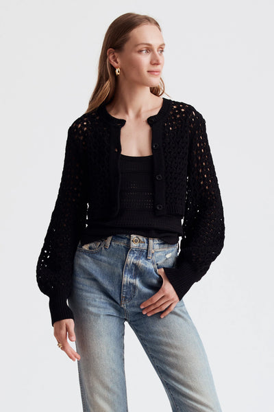 Tori Crochet Blouson Sleeve Cardigan in Jet