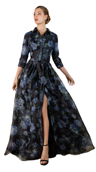 Shirt Collar Gown in Twilight Blossom