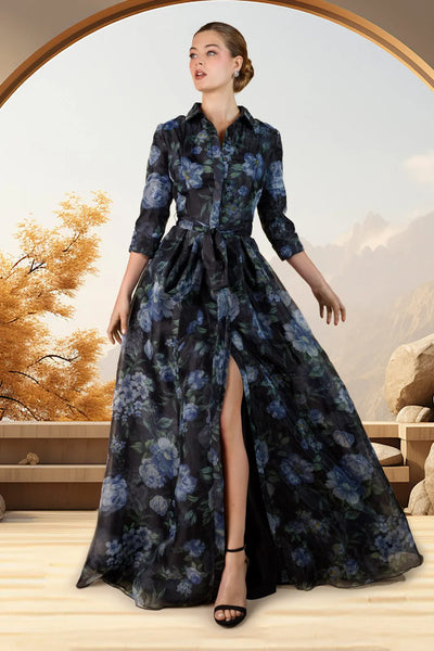 Shirt Collar Gown in Twilight Blossom