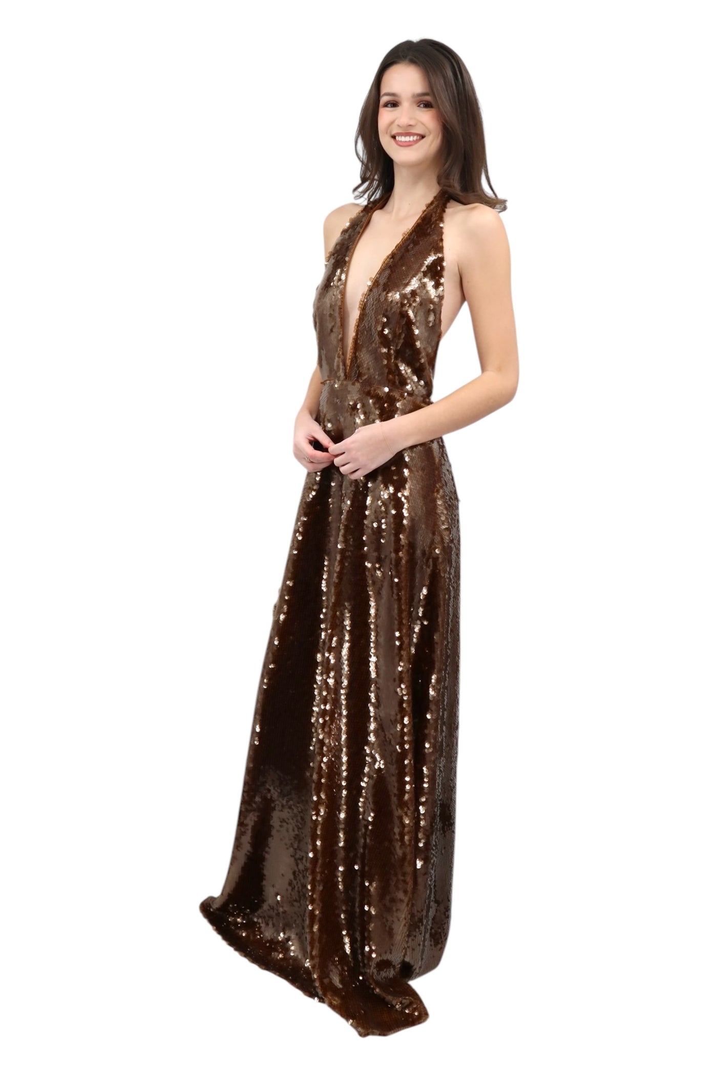 Sequin Halter Gown in Brown