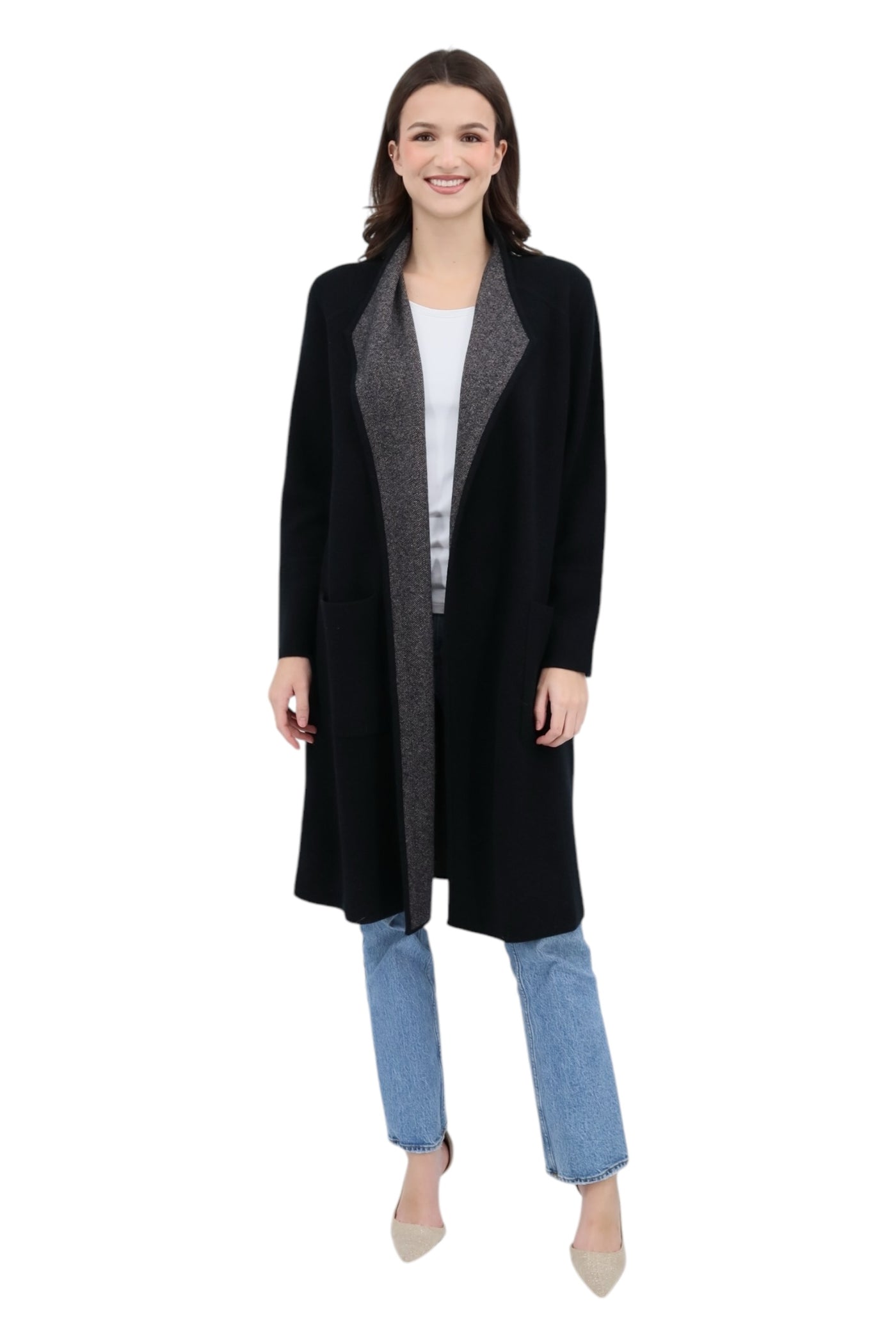 Reversible Drape Front Cardigan in Black/Driftwood