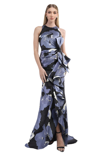 Floral Ruffle Gown in Black/Navy