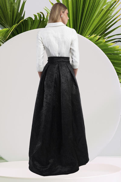 Folded Sleeve Pleated Gown in Black/White