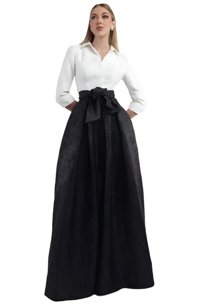 Folded Sleeve Pleated Gown in Black/White