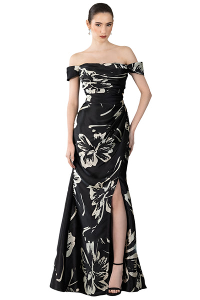 Detachable Sleeves Off-Shoulder Black Floral Gown