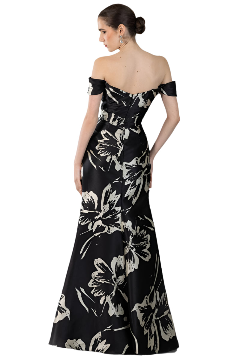 Detachable Sleeves Off-Shoulder Black Floral Gown