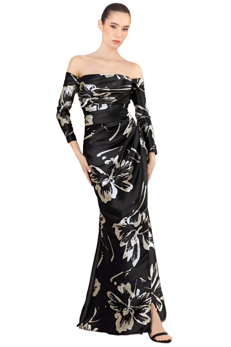 Detachable Sleeves Off-Shoulder Black Floral Gown