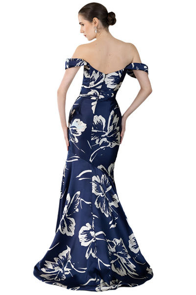 Detachable Sleeves Off-Shoulder Navy Floral Gown