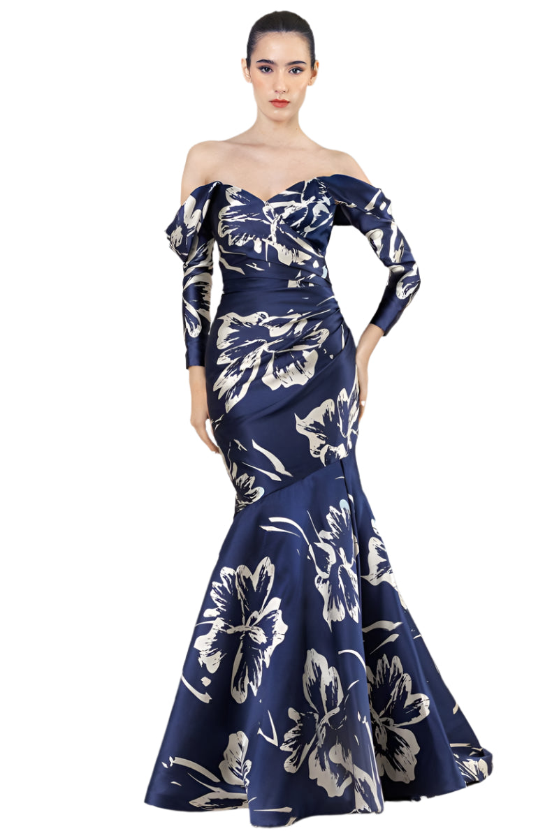 Detachable Sleeves Off-Shoulder Navy Floral Gown