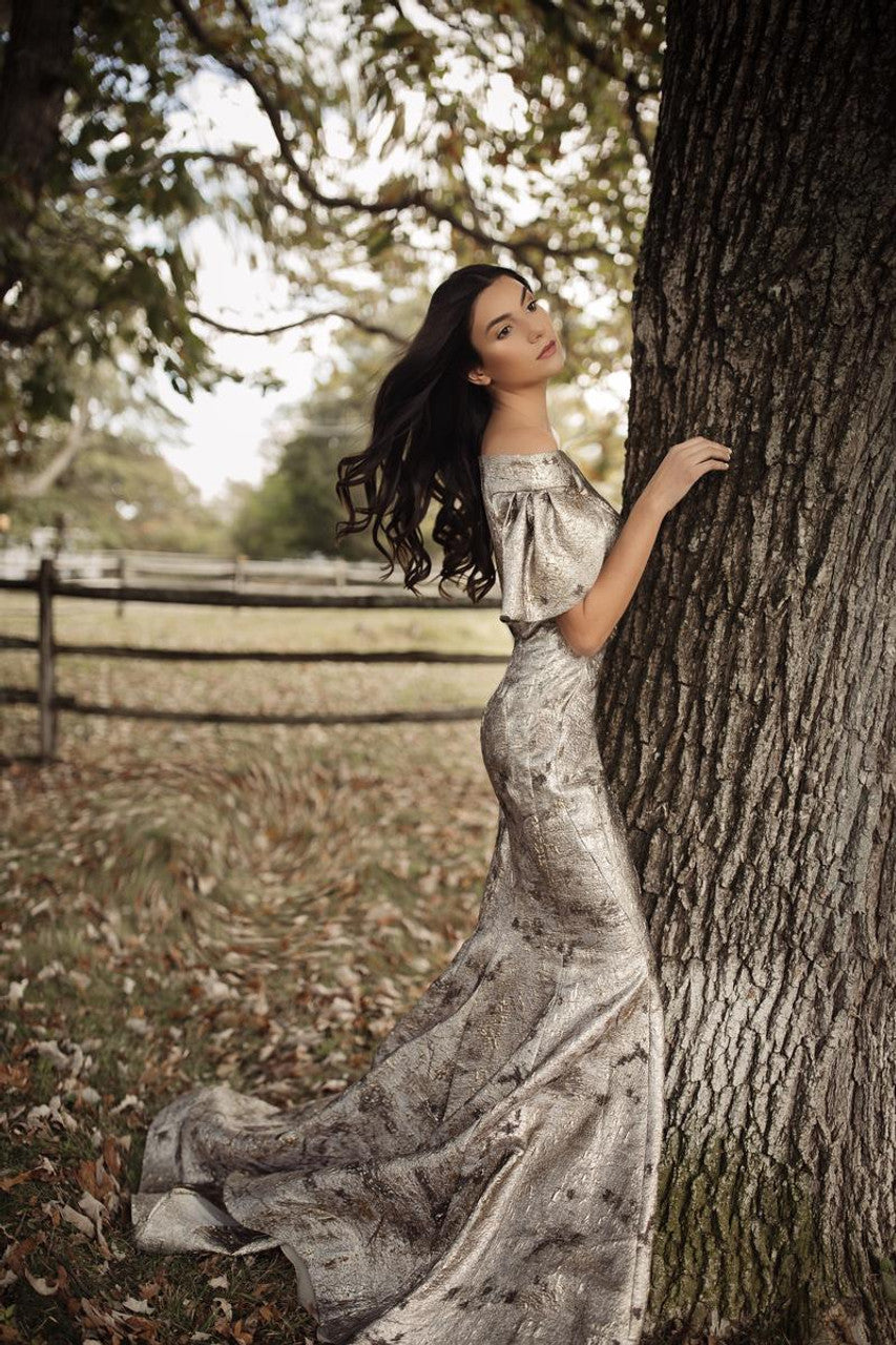 Short Sleeves Off-Shoulder Trumpet Long Dress in Gold