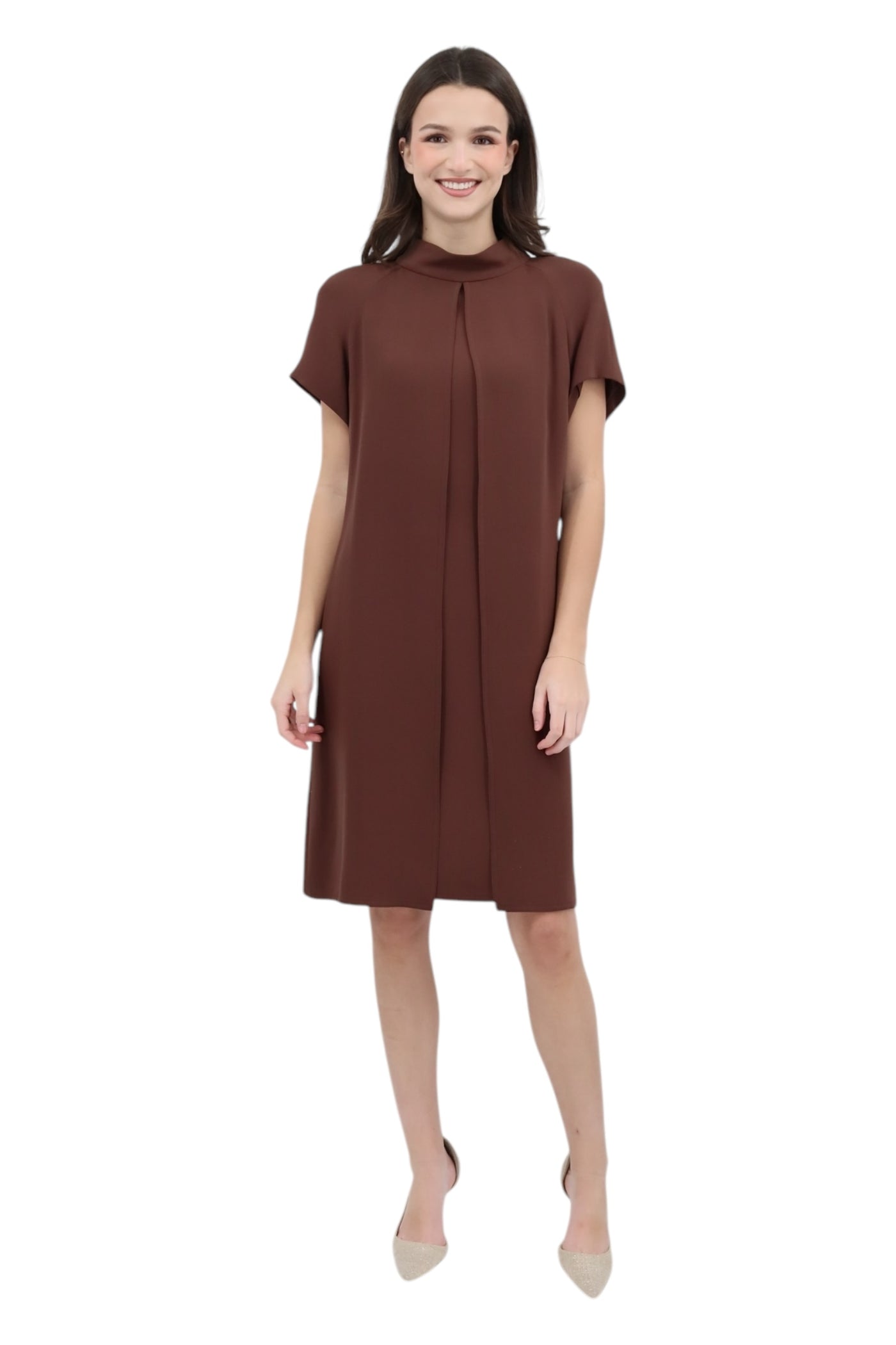 Double Face Georgette Cap Sleeve "Double Play" Dress in Brown