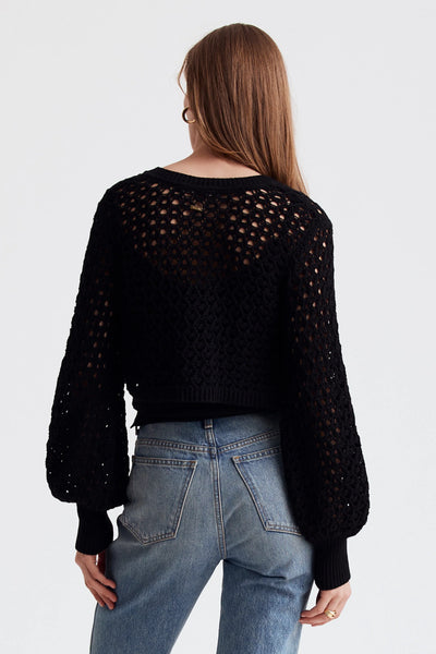 Tori Crochet Blouson Sleeve Cardigan in Jet