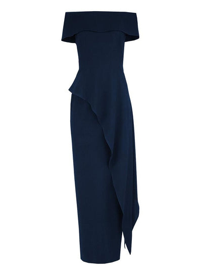 Ultra-Peplum Off Shoulder Gown in Navy