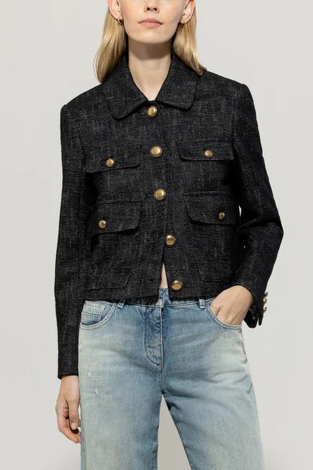 Tweed Jacket with Metal Buttons in Deep Black