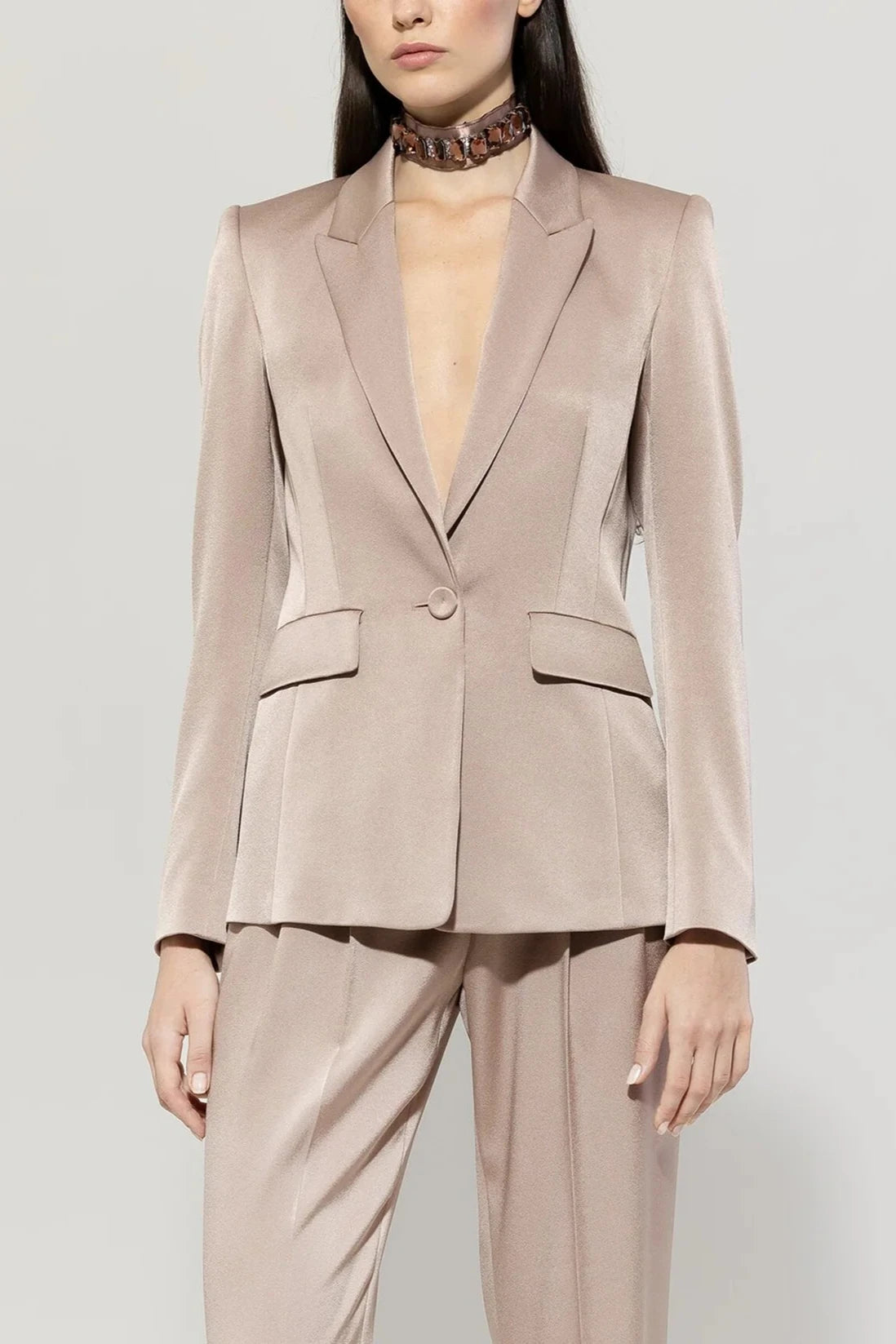 Satin One-Button Blazer in Mushroom