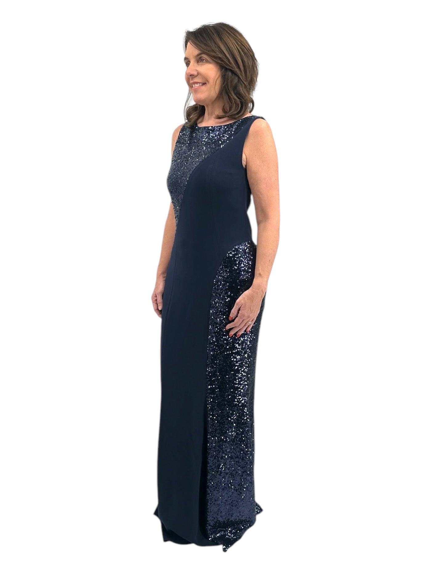 Matte Crepe Sequin Slice Gown in Navy