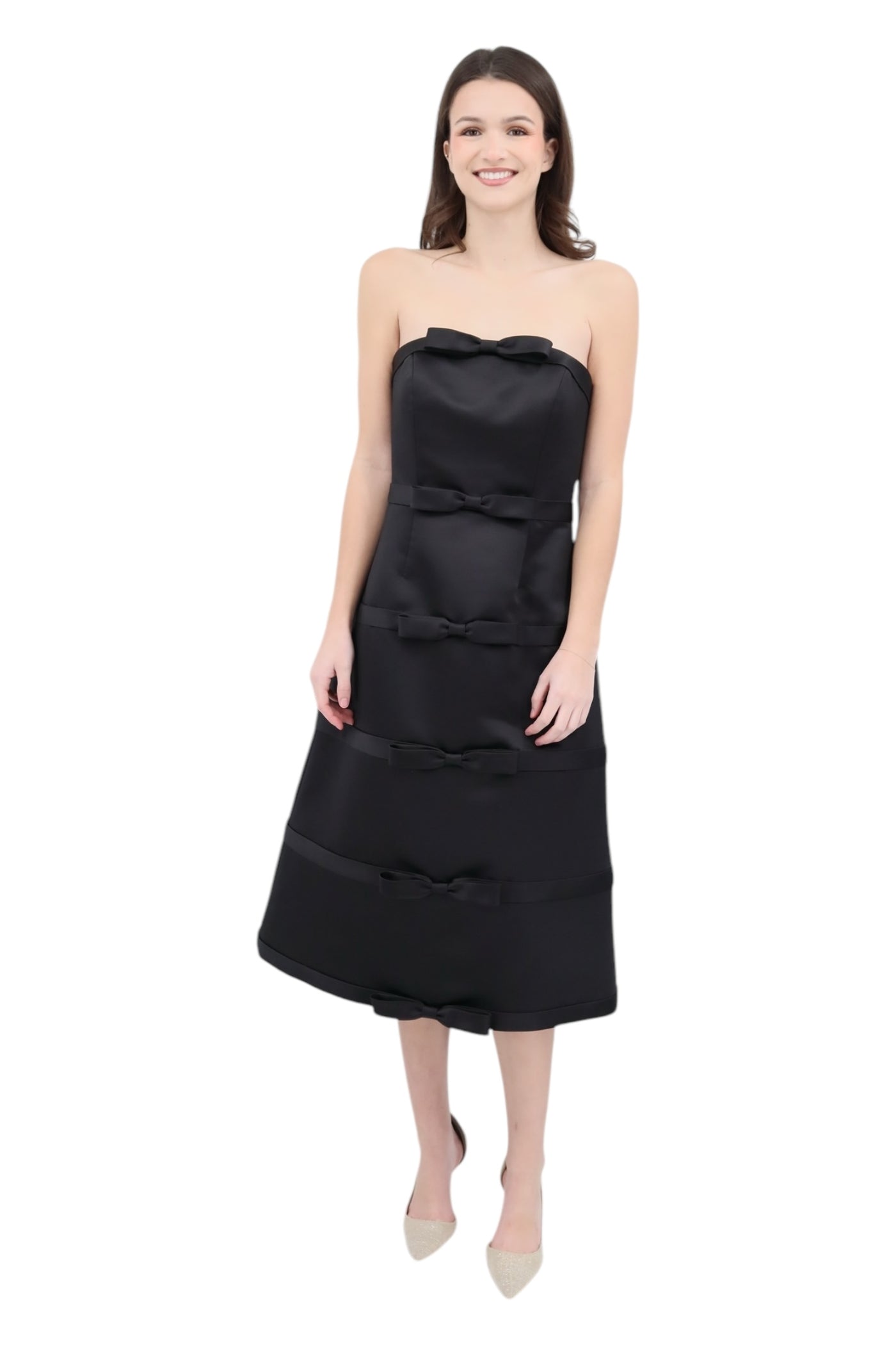 Strapless Bow Tie Tea Length Dress in Black