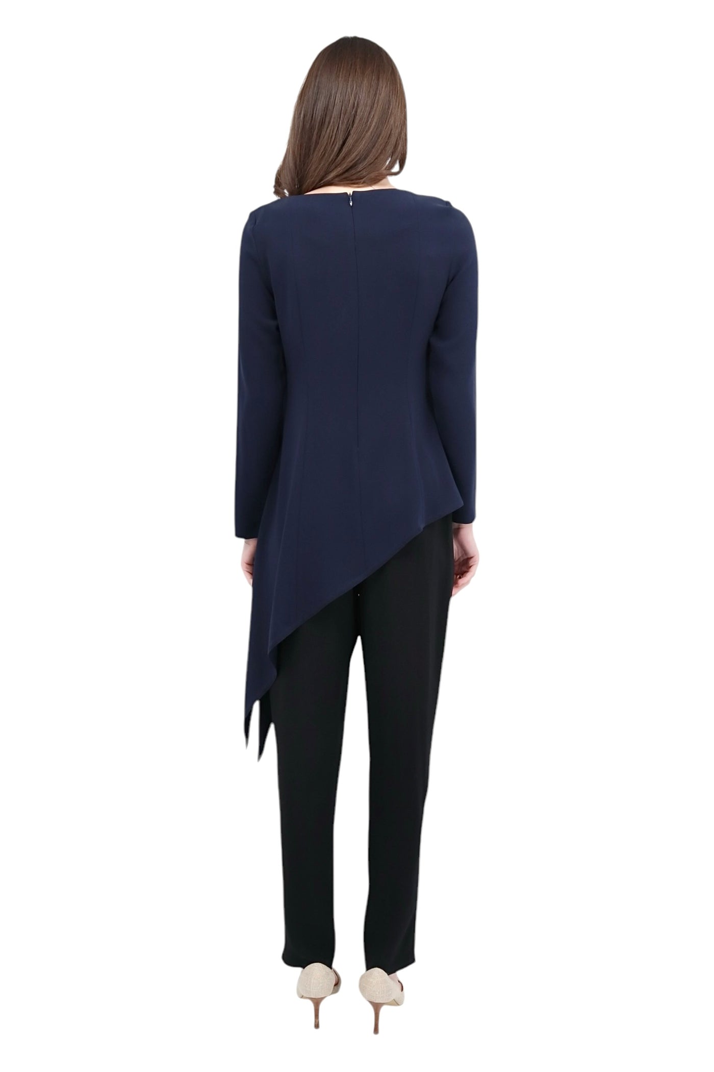 Matte Crepe Bateau Neck Peplum Top With Long Sleeves Dark Navy