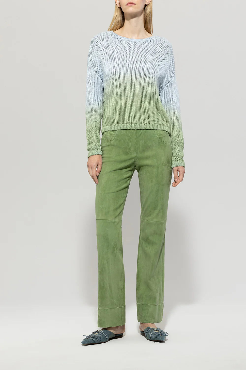 Baby Flare Suede Leather Trousers in Easy Green