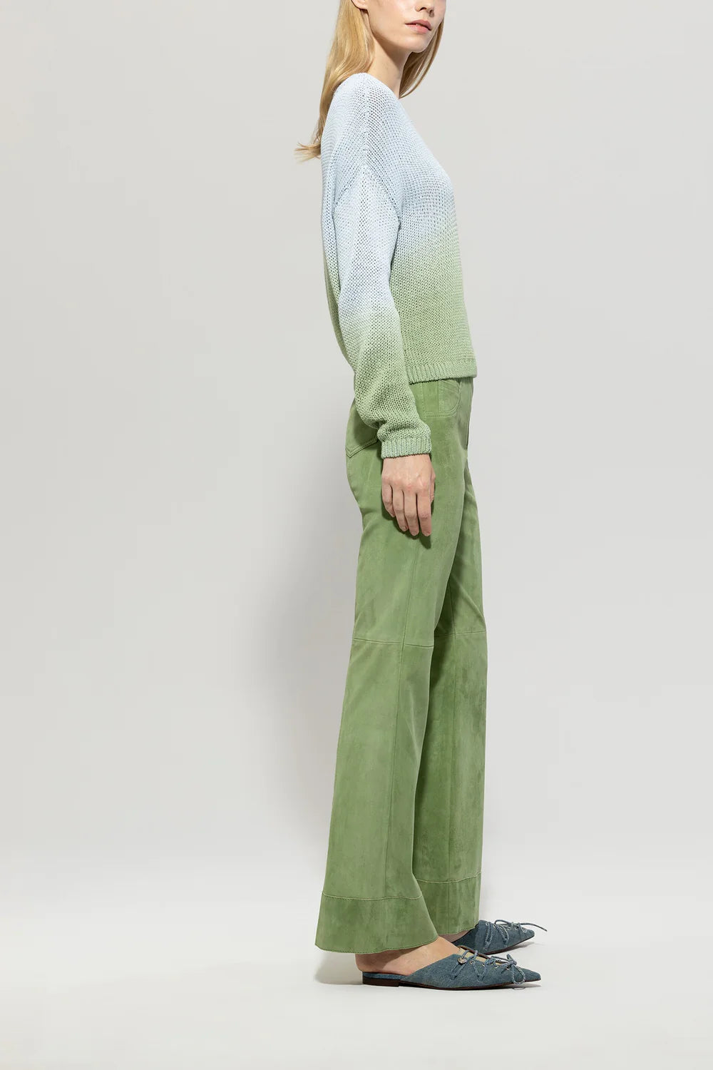 Baby Flare Suede Leather Trousers in Easy Green