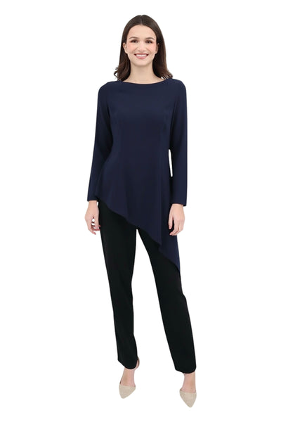 Matte Crepe Bateau Neck Peplum Top With Long Sleeves Dark Navy