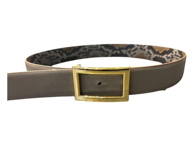 Reversible Calf Belt with Gold Buckle in Matte Multi/ Grey Taupe