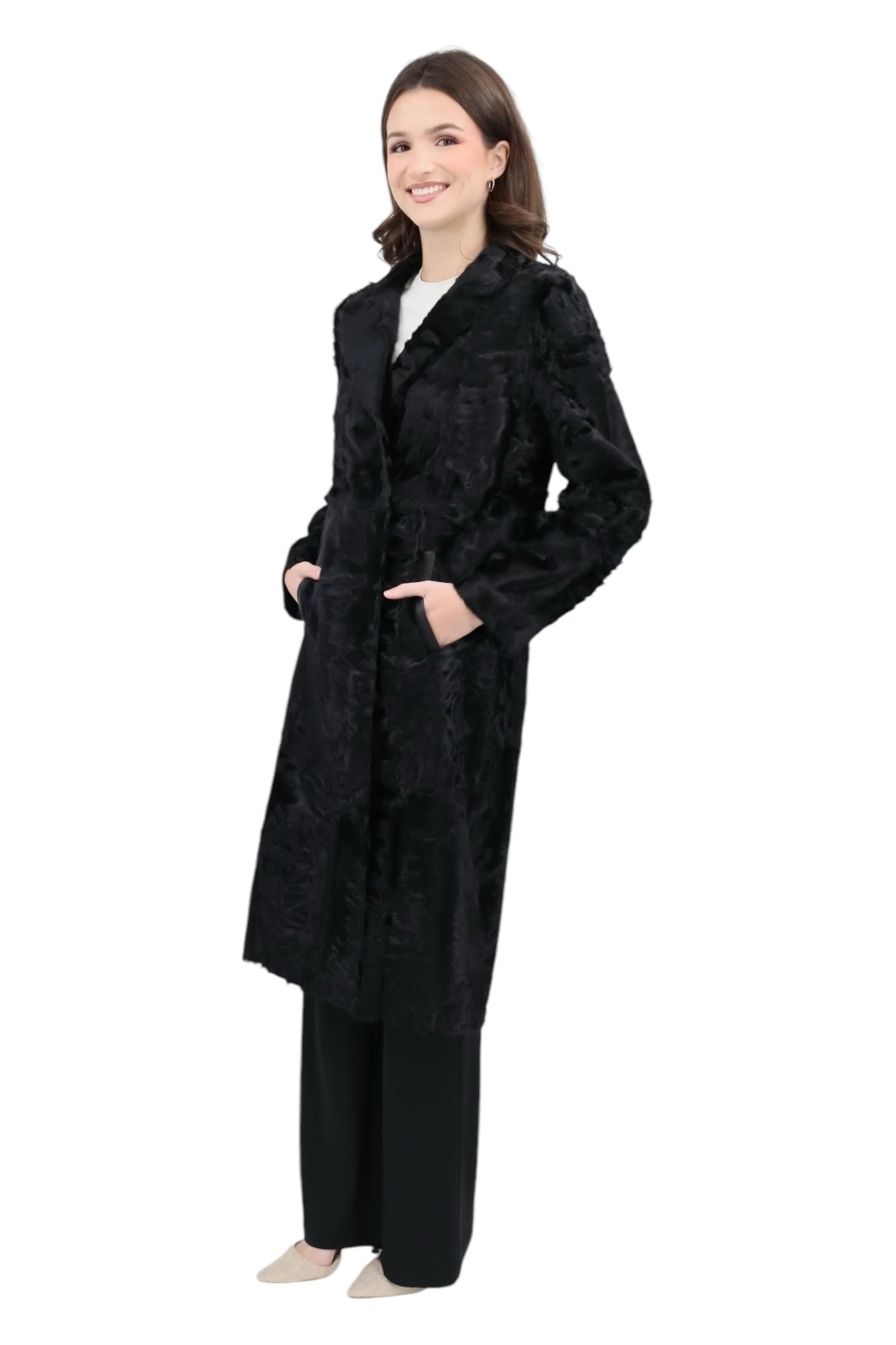 Real Lamb Structured Coat in Black