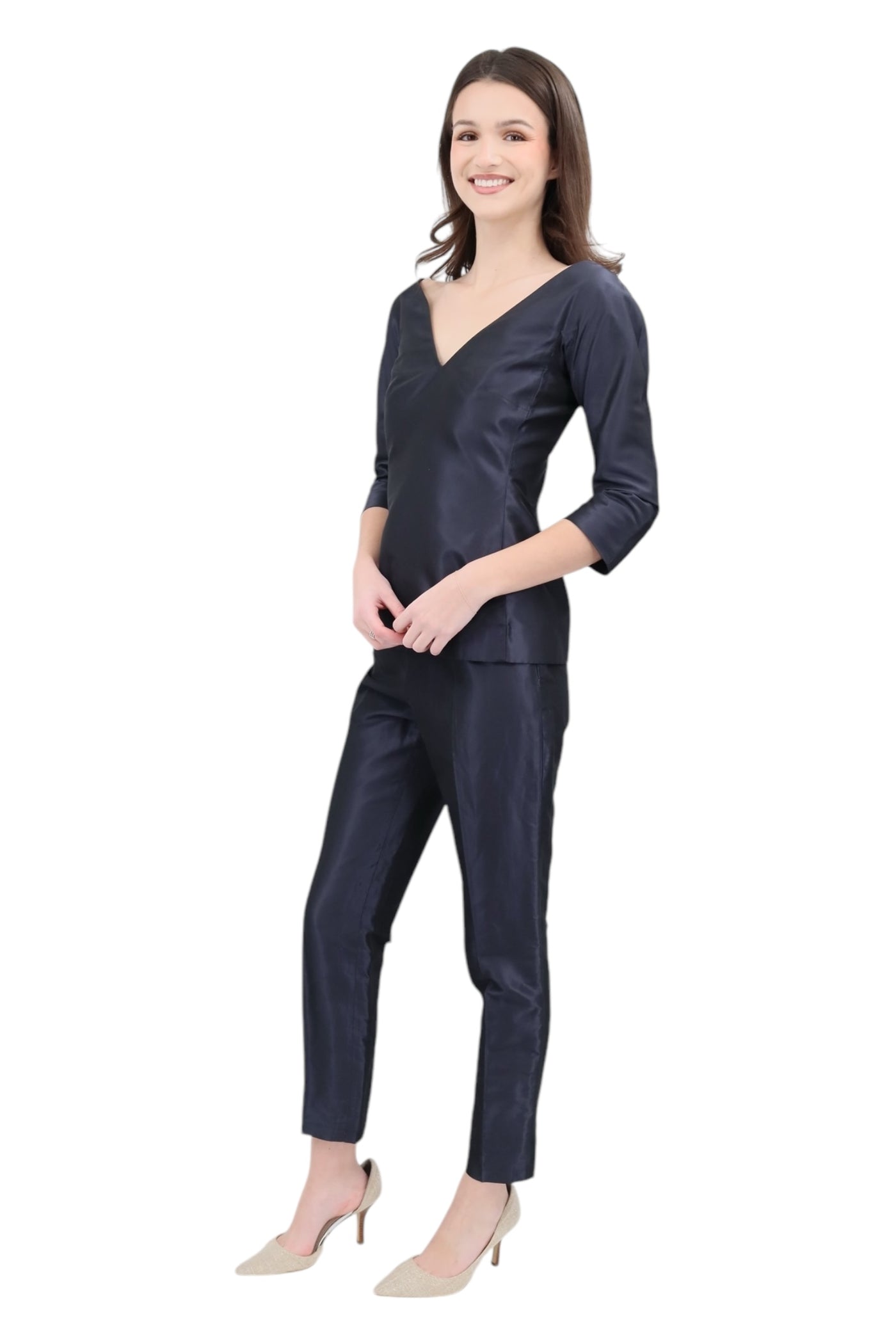 Silk Top and Tapered Pant Set in Navy