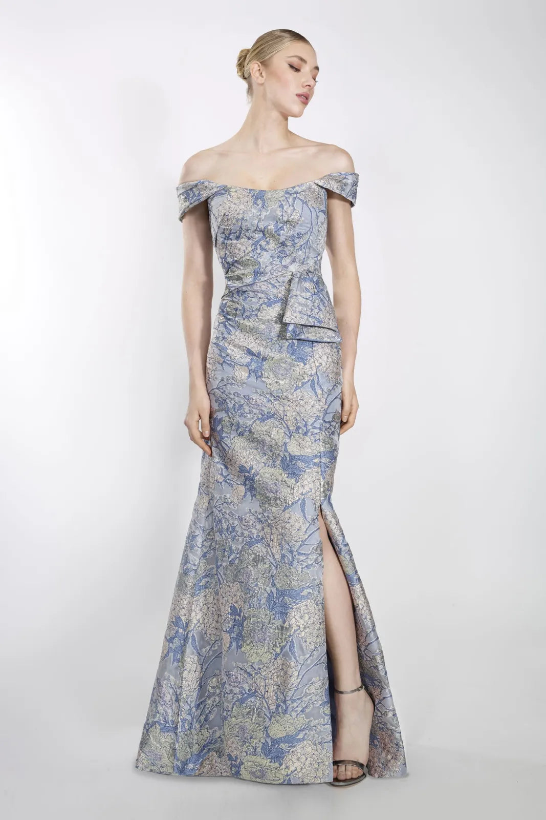 Bow Ornate Floral Evening Gown in Blue