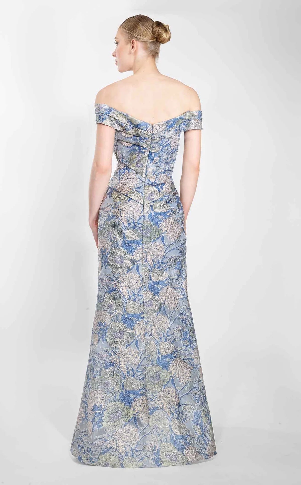 Bow Ornate Floral Evening Gown in Blue