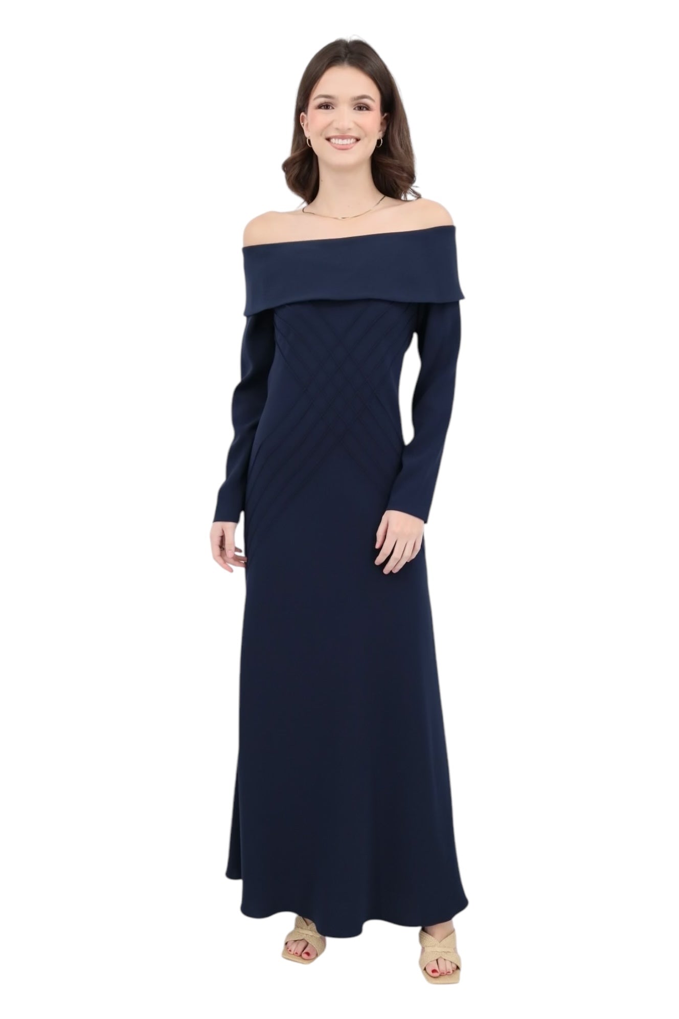 Crossroads Pin-Tuck Cuff Gown in Navy