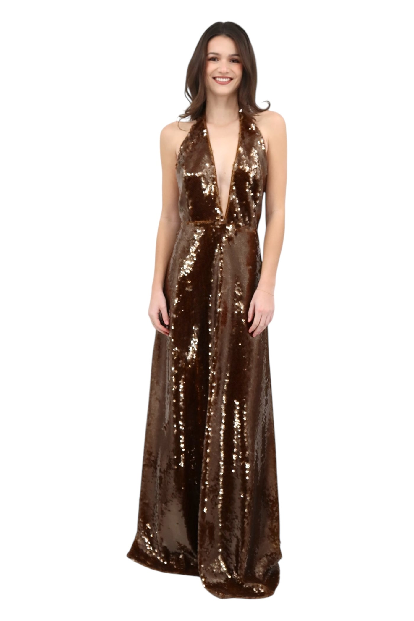 Sequin Halter Gown in Brown